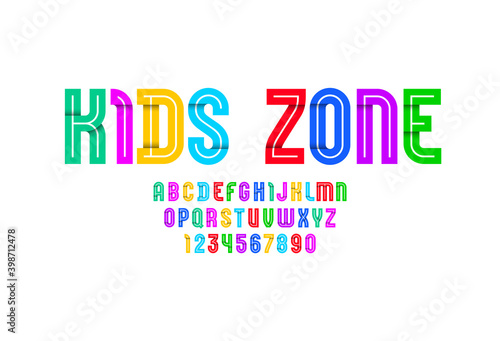Children's bright font, alphabet in the cartoon style, cute multicolored bright letters and numbers, vector illustration 10EPS