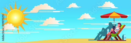 Woman sunbathing sun light exposure with blue sky as background vector illustration.
