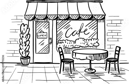 Cozy outdoor cafe in the open air. A table with a chairs. Hand drawn sketch. Vintage style. Black and white vector illustration isolated on white background.