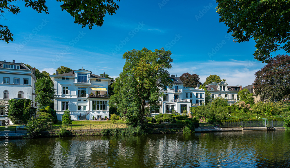 Luxury villas and real estate on the Alster in the Winterhude district of Hamburg, Germany