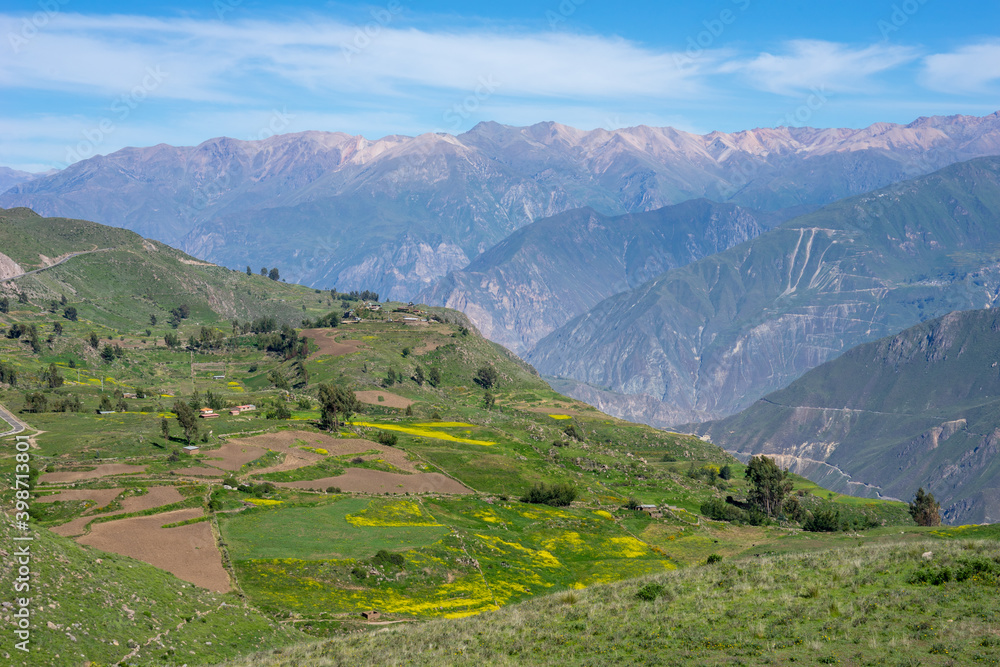 Peru in the Colca Canyon. View over fields into the Canyon.