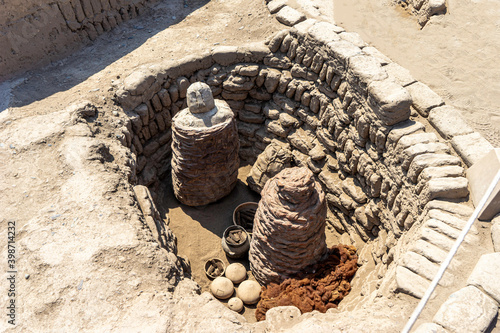 Peru, near Nazca, the Cemetery Chauchilla. Well preserved mummified bodys from the Nazca civilisation in their open tombs. photo