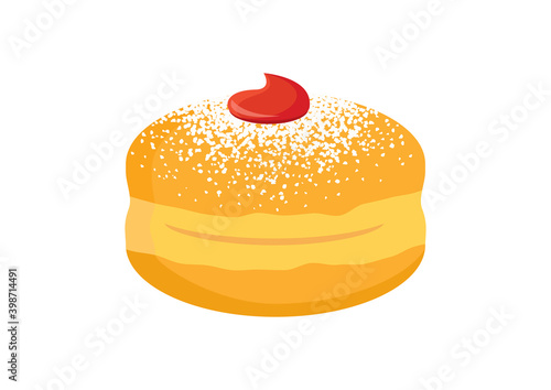 Sufganiyah round jelly doughnut with powdered sugar icon vector. Hanukkah donut vector. Hanukkah jelly doughnut icon isolated on a white background. Traditional donut with jam and icing sugar clip art