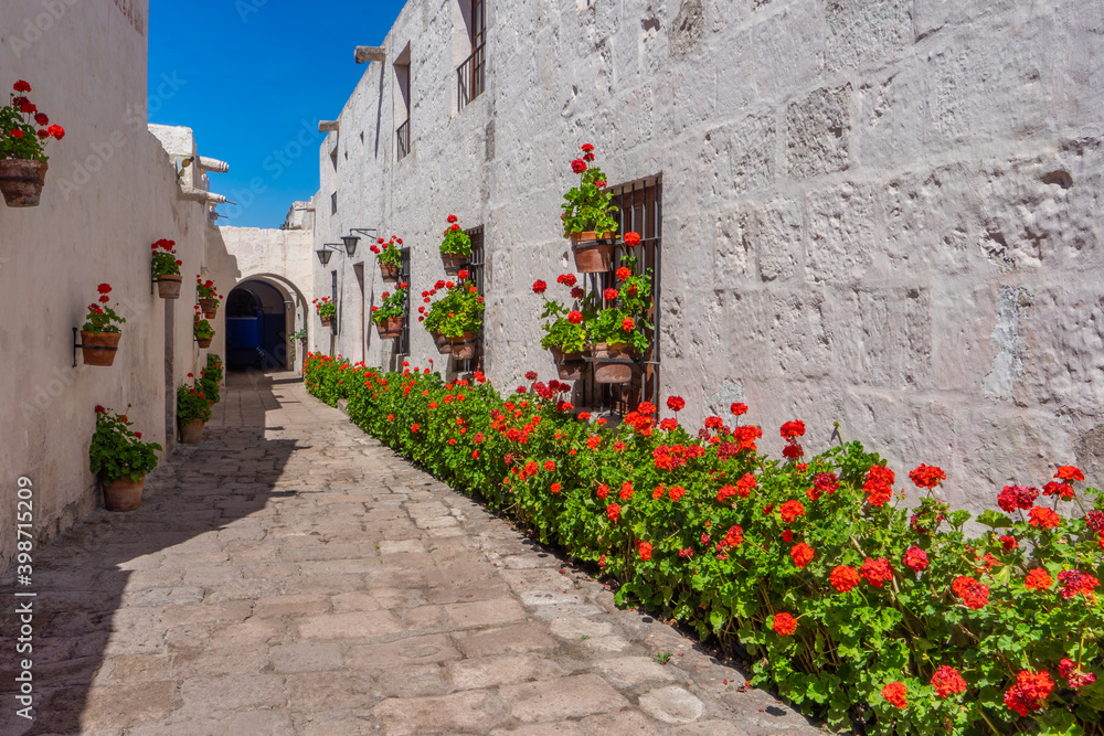 Peru, in the city  of  Arequipa, flowered path inside the Santa Catalina Monastery