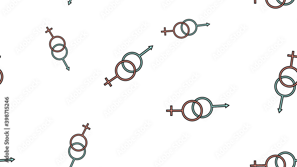 Fototapeta premium Texture endless seamless pattern from flat icons of gender signs of man and woman, love items for the feast of love Valentine's Day February 14 or March 8 on a white background. illustration