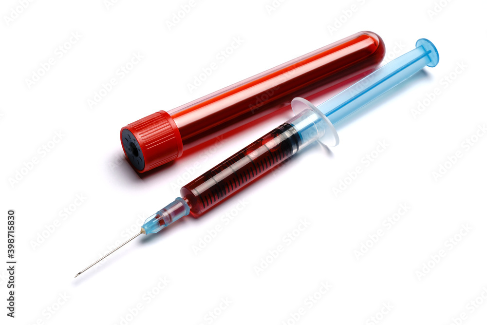 Medical syringe and plastic test tube isolated on white background Medical syringe and plastic test tube isolated on white background