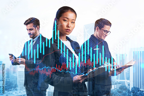 Photography Group of business colleagues in suits as a part of multinational corporate team working on forecasting trading corporate strategy at fund