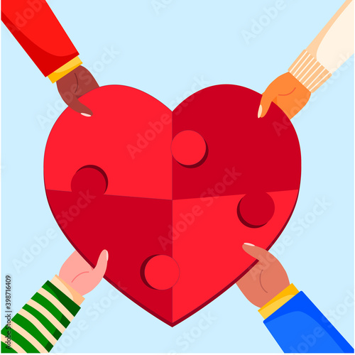 Community charitable work symbol flat illustration. hands holding heart puzzle on blue background.