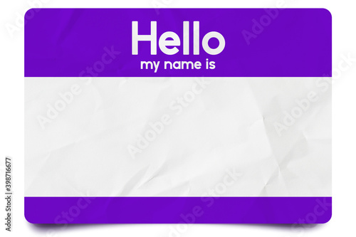 Purple hello my name is name tag blank template
