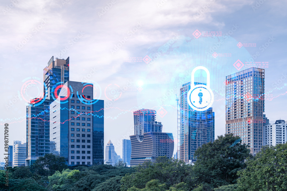 Padlock icon hologram over panorama city view of Bangkok to protect business in Asia. The concept of information security shields. Double exposure.