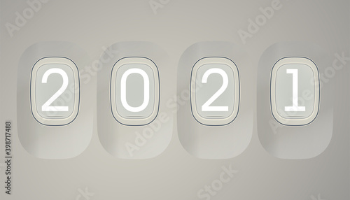 Happy New Year 2021 airplane window background. Greeting card 2021 Fonts flyer view from above porthole banner. Celebrate brochure aircraft interior