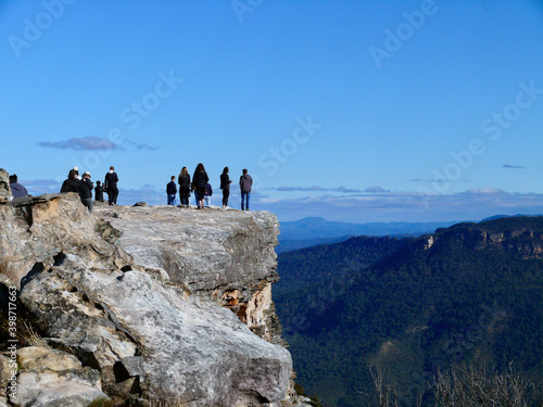 People enjoying the view at Lincoln's Rock in the Blue Mountains of Australia
