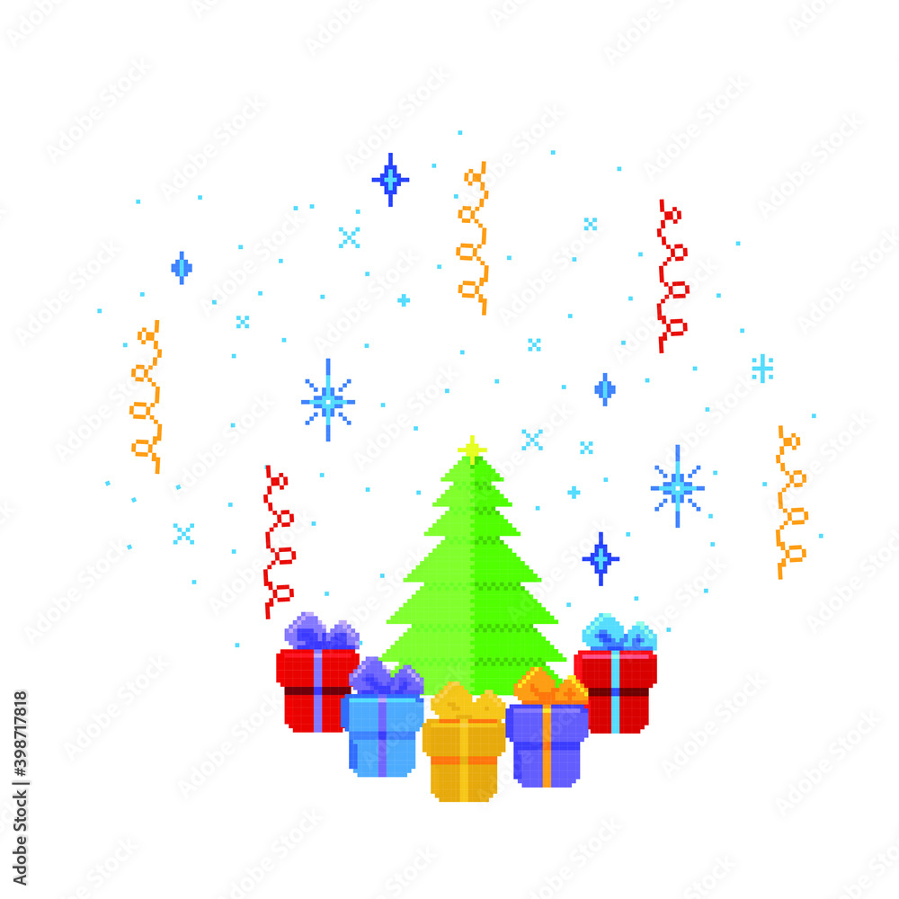 Pixel art style. Merry Christmas and Happy New Year greeting card. Perfect for personalized holiday greeting cards, Christmas party invitations and holiday designs.