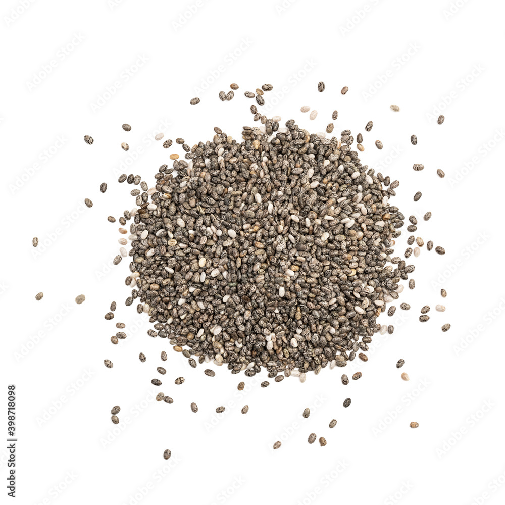 Pile of chia seeds seen directly from above and isolated on white background Pile of chia seeds seen directly from above and isolated on white background