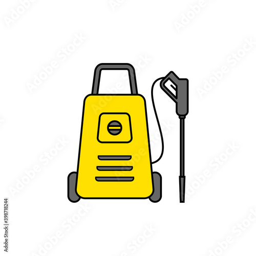 High pressure washer icon. Disinfection concept. Power cleaner with spray gun. House cleaning tool. Car washing appliance. Color icon on white background. Vector illustration, flat, clip art.