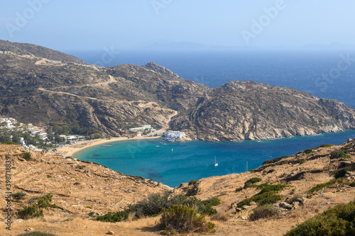 Top view of Mylopotas Beach, the most popular beach on Ios Island. Cyclades, Greece