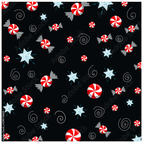 Christmas themed pattern with glowing stars, candies and swirls