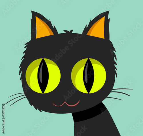 Joyful abstract green-eyed black cat smiling while looking away