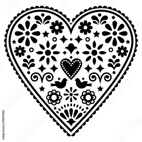 Mexican heart folk art vector design, monochrome Valentine's Day or wedding invitation greeting card with birds and flowers
 