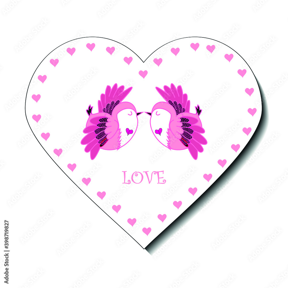 Cute vector illustration of two kissing Birds in a Frame of pink hearts. Paper style