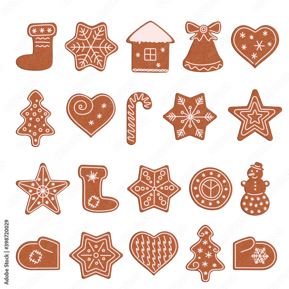 A set of gingerbread cookies of different shapes. Christmas cookies. Isolated on white background A set of gingerbread cookies of different shapes. Christmas cookies. Isolated on white background