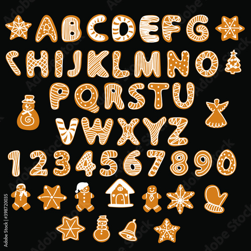 Set of alphabet holidays gingerbread. Merry Christmas and Happy New Year figures. Сookies isolated on white background. Letters and numbers. Vector illustration