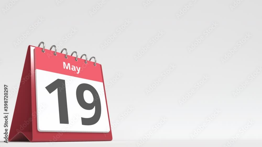 May 19 date on the flip desk calendar page, blank space for user text, 3d animation May 19 date on the flip desk calendar page, blank space for user text, 3d animation