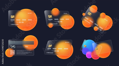 Transparent bank cards. Glass credit card with abstract circles and soft matte transparency effect vector illustration set