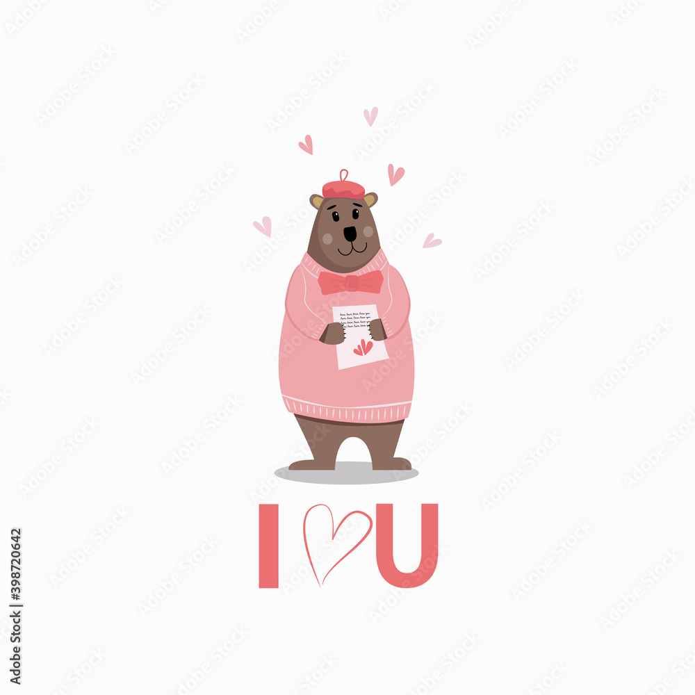 Lovely bear.  I love you card. Flat cartoon style Valentines day illustration.