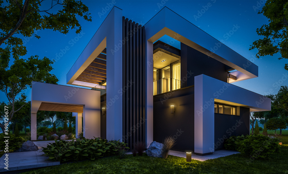 Fototapeta premium 3d rendering of modern cozy house with pool and parking for sale or rent in luxurious style and beautiful landscaping on background. Clear summer night with many stars on the sky.