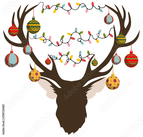 Christmas themed elk head decorated with balls and garland