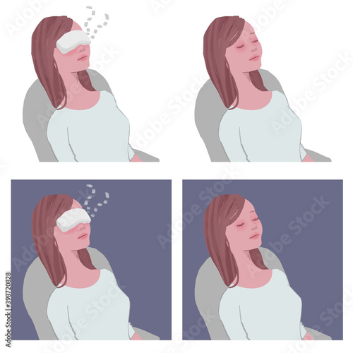 蒸しタオルを目にあてる女性。リラックスして目を閉じる女性　セット