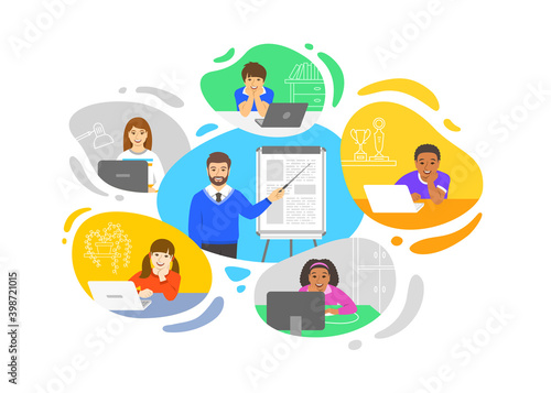Virtual class online school distance learning teleconference. Kids stay home watching man teacher video lesson. Remote education during coronavirus pandemic. Learning school program from home