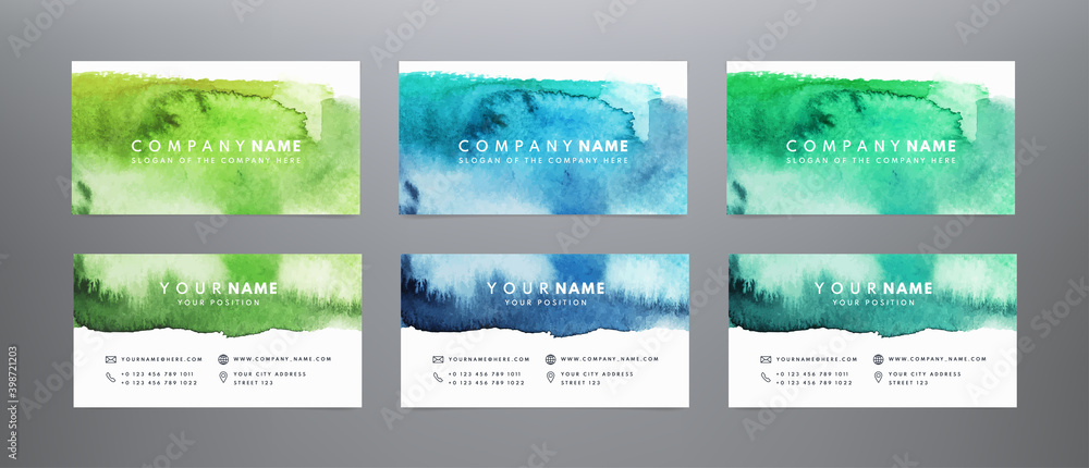 Set vector business cards template with hand painted brush strokes backgrounds. Abstract watercolor business cards. Bright vector grunge design