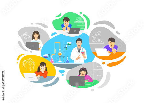 Virtual chemistry class online school distance learning teleconference. Kids stay home watching asian man teacher video lesson by computer. Remote education during coronavirus pandemic.
