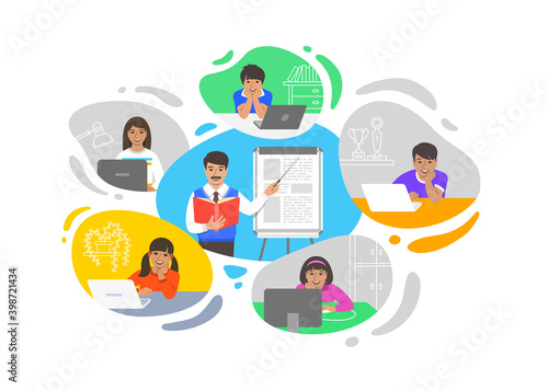 Virtual class online school distance learning teleconference. Kids stay home watching indian man teacher video lesson. Remote education during coronavirus pandemic. Learning school program from home