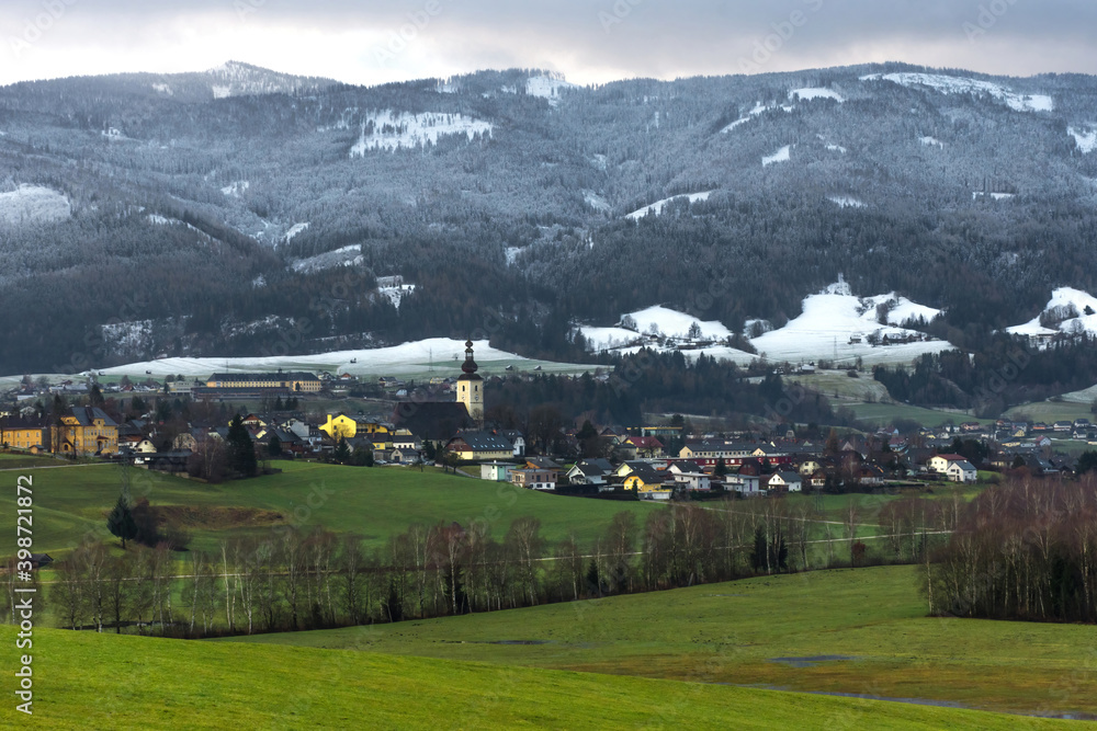 Small beautiful austrian village surrounded by mountains in Ennstal, Steiermark, Austria