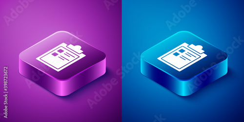 Isometric Sport training program or fitness plan icon isolated on blue and purple background. Square button. Vector Illustration