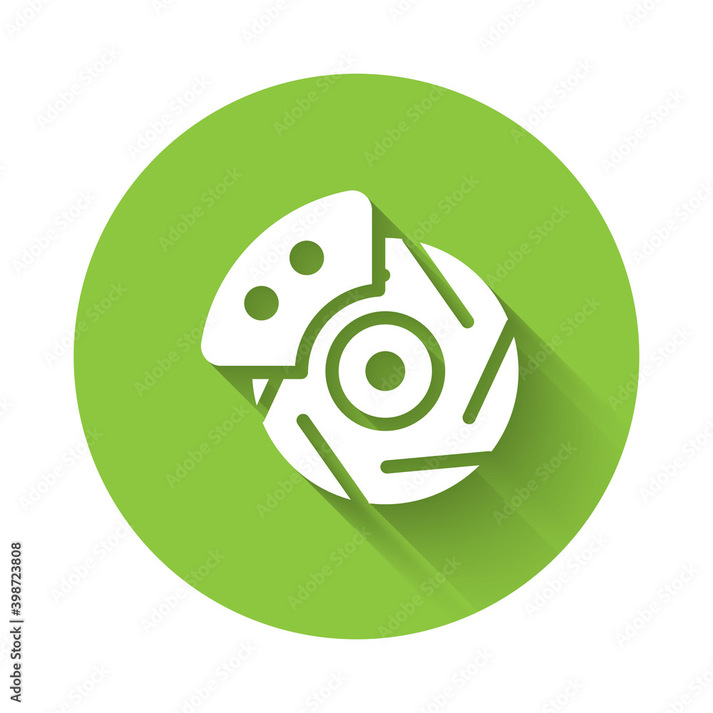 White Car brake disk with caliper icon isolated with long shadow. Green circle button. Vector Illustration White Car brake disk with caliper icon isolated with long shadow. Green circle button. Vector Illustration
