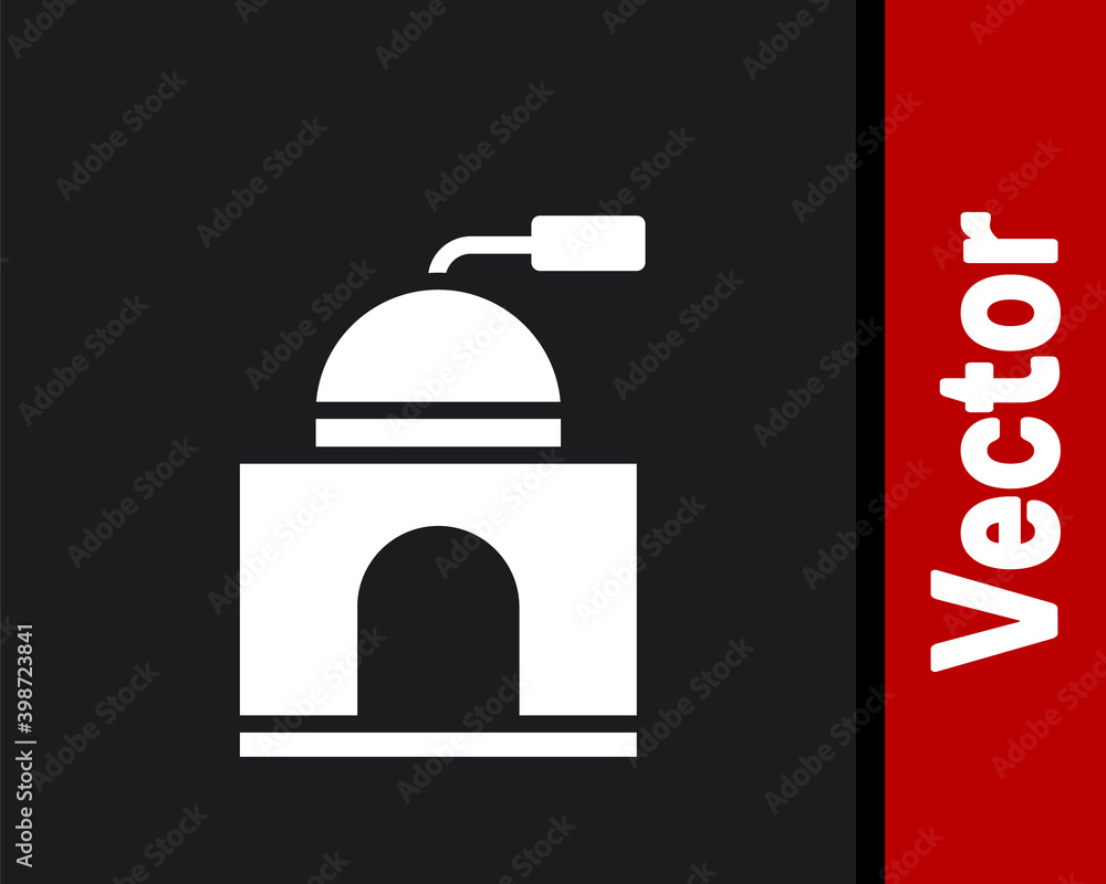 White Manual coffee grinder icon isolated on black background. Vector Illustration White Manual coffee grinder icon isolated on black background. Vector Illustration