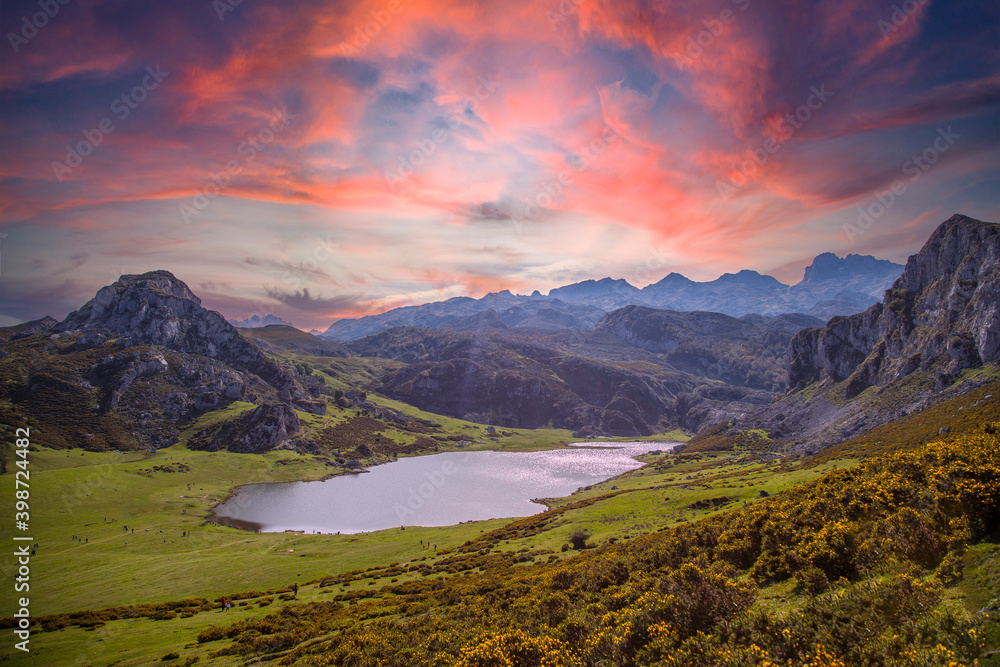 The beautiful lake of Covadonga in Asturias, a beautiful spring sunset, Picos de Europa. Spain