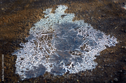 Ice surface on a frozen puddle. Ice texture photo