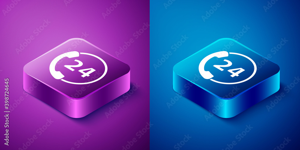 Isometric Telephone 24 hours support icon isolated on blue and purple background. All-day customer support call-center. Full time call services. Square button. Vector Illustration Isometric Telephone 24 hours support icon isolated on blue and purple background. All-day customer support call-center. Full time call services. Square button. Vector Illustration