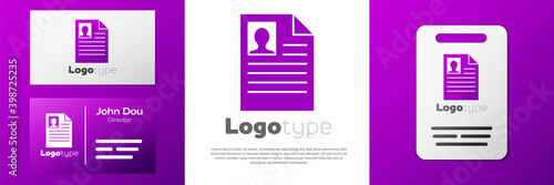 Logotype Resume icon isolated on white background. CV application. Searching professional staff. Analyzing personnel resume. Logo design template element. Vector Illustration