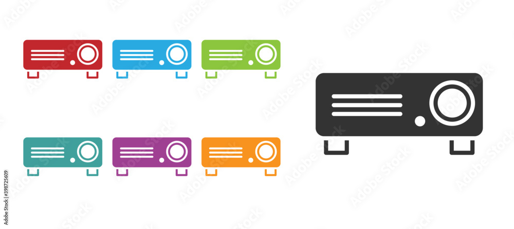 Black Presentation, movie, film, media projector icon isolated on white background. Set icons colorful. Vector Illustration Black Presentation, movie, film, media projector icon isolated on white background. Set icons colorful. Vector Illustration