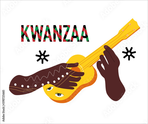 Kwanzaa celebration poster.Festival of African-American culture,music and harvest traditions.New year holiday.Hands black ethnicity with tattoo play the guitar or ukulele.Word in national colours.
