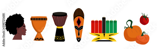 Kwanzaa symbols and ideas.Seven candles kinara and lighting ceremony (Mishuma Saba).Unity cup and mask.Celebration poster.Festival of African-American culture and harvest traditions.New year holiday.