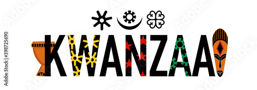 Kwanzaa word with symbols and attributes.Unity cup and ethnic mask.Principles signs and amulets.Celebration poster.Festival of African-American culture and harvest.New year holiday.Horizontal banner