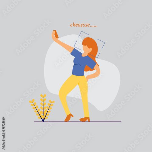 Vector illustration,illustration of a young woman taking selfies,  modern flat people character