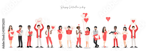 Cartoon character with people group holding hearts. Valentine s Day festival. Love and volunteering vector illustration